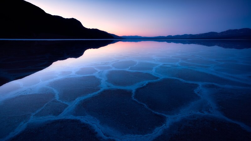 Cracked Salt Flat — Blue, Serene, Sunset, Photograph, Mountains, Sky, Reflection