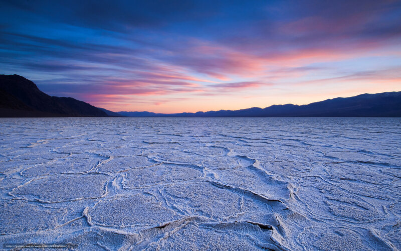 Cracked Salt Flat — Blue, Serene, Sunset, Photograph, Mountains, Sky