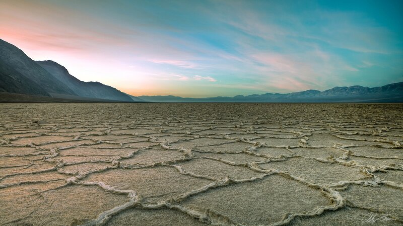 Cracked Salt Flat — Blue, Serene, Sunset, Photograph, Mountains