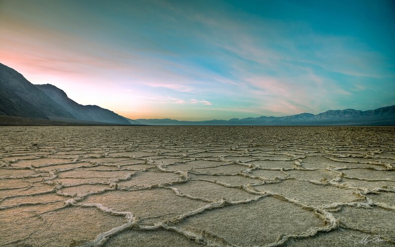 Cracked Salt Flat — Blue, Serene, Sunset