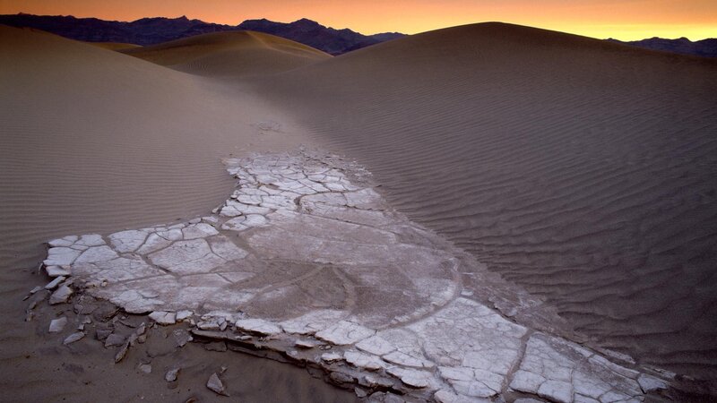 Cracked Salt Flat — Orange, Dramatic, Sunset