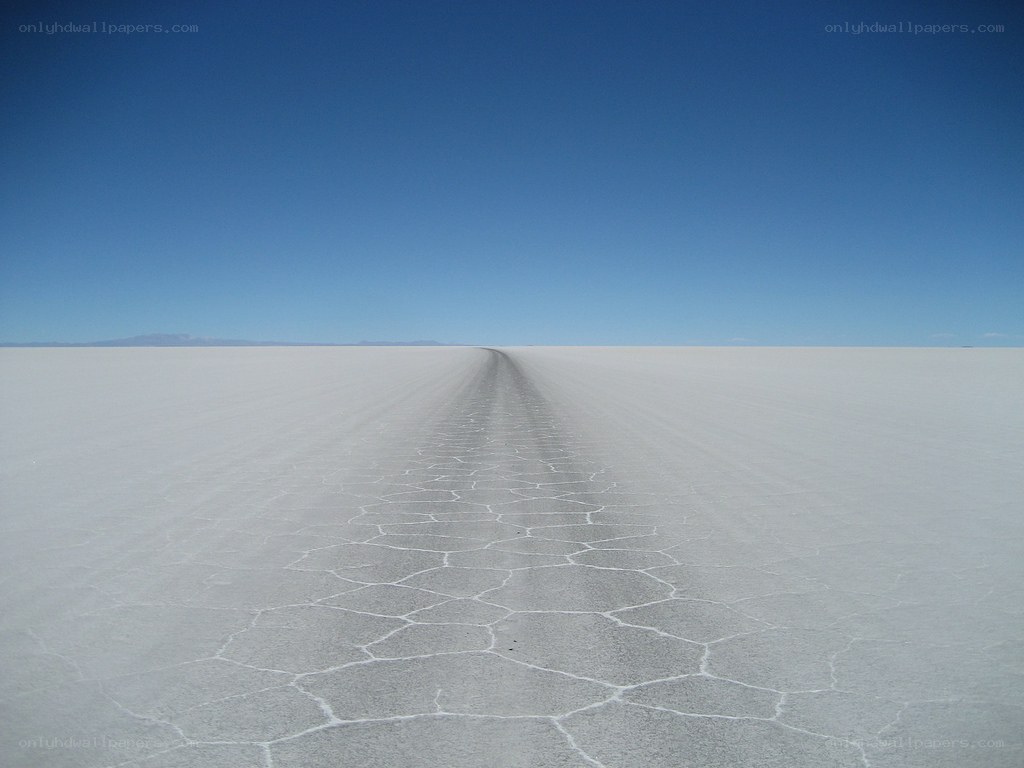 Cracked salt flat under blue sky