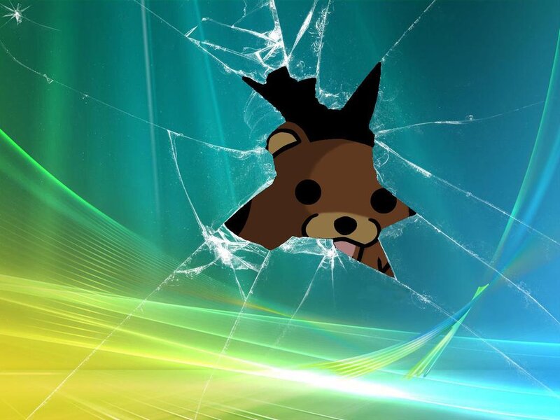 cracked screen with cartoon bear