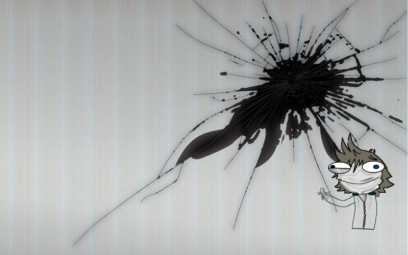 cracked screen with cartoon character