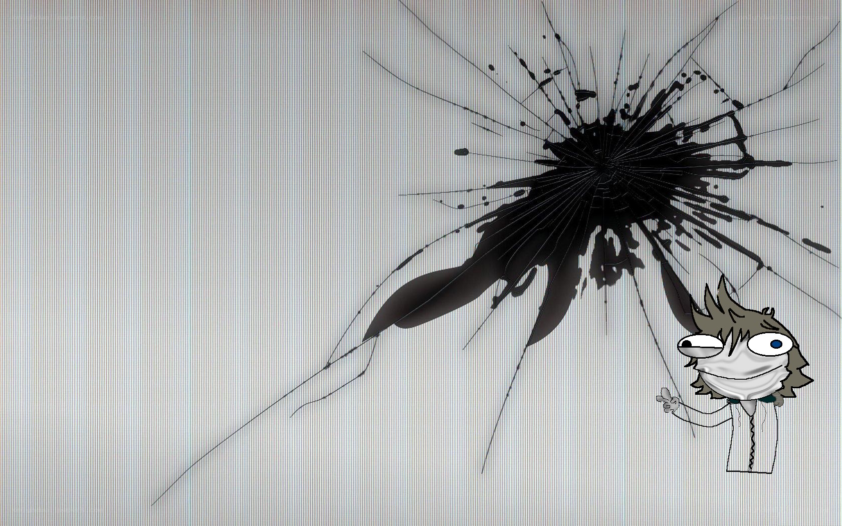 cracked screen with cartoon character