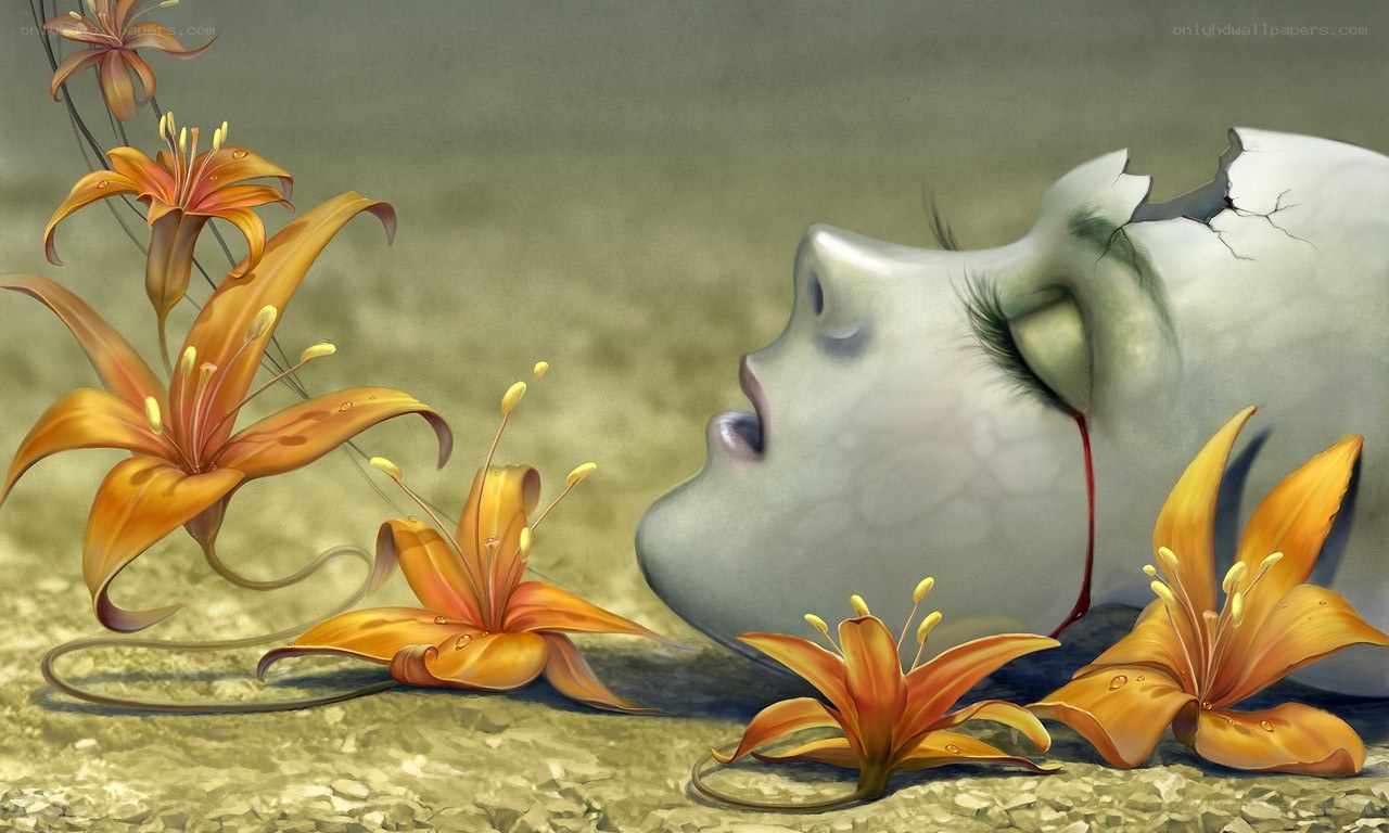 Cracked skull with lilies