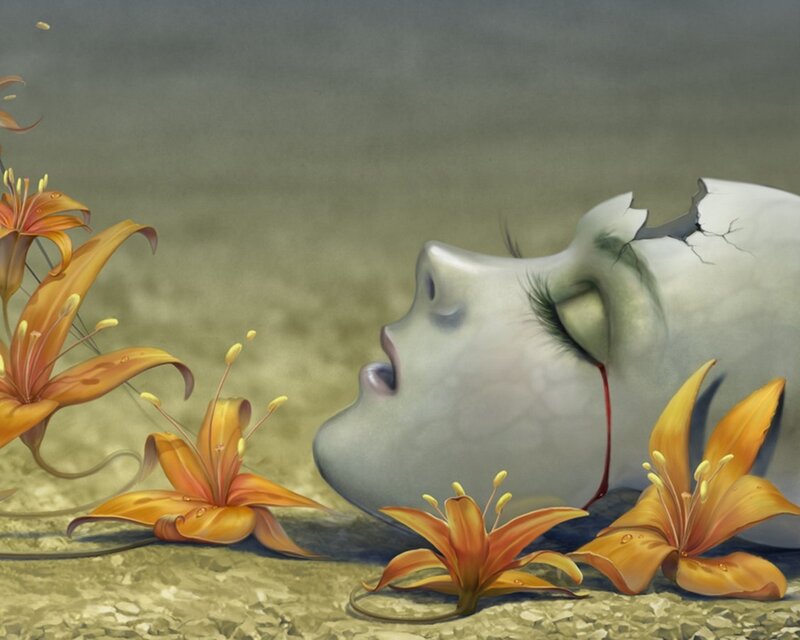 Cracked skull with lilies