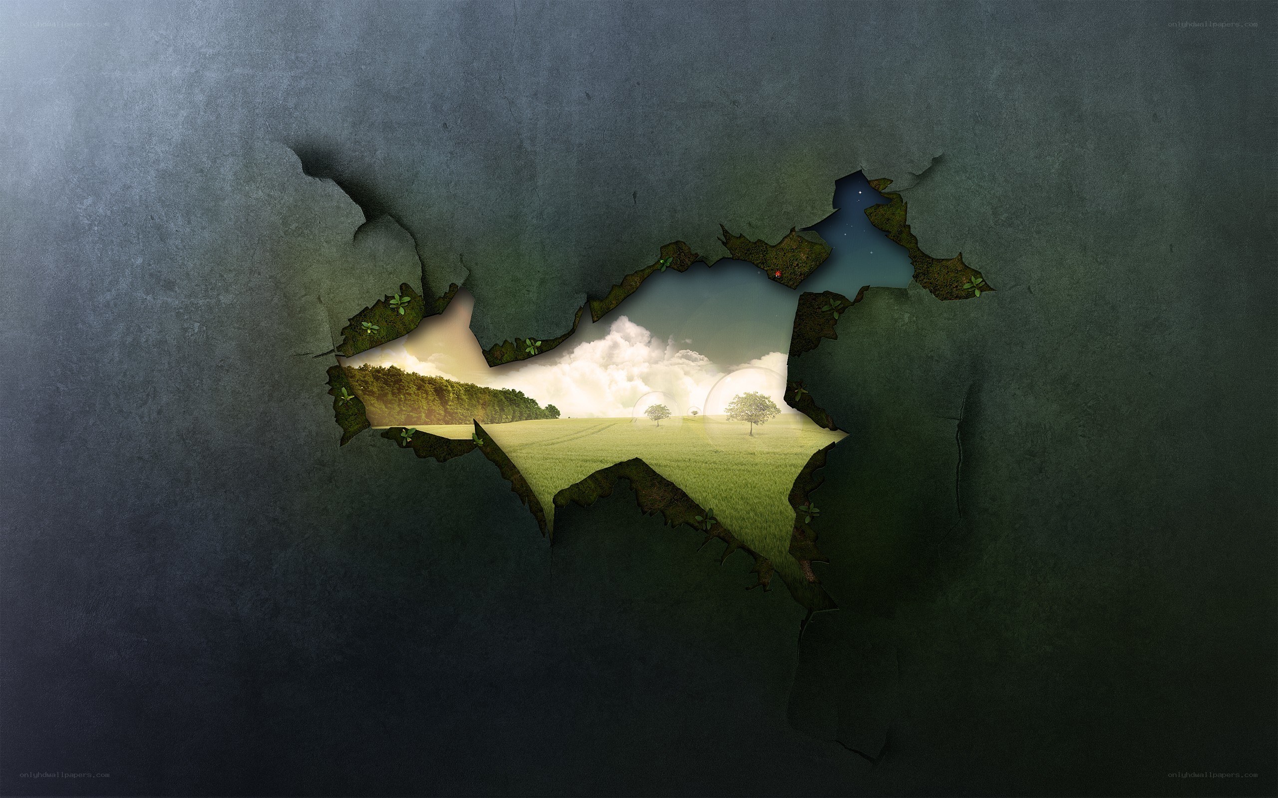 cracked wall revealing landscape