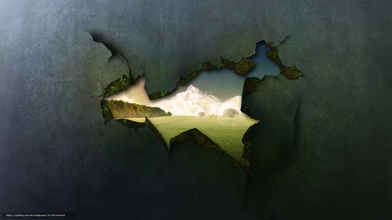 cracked wall revealing landscape