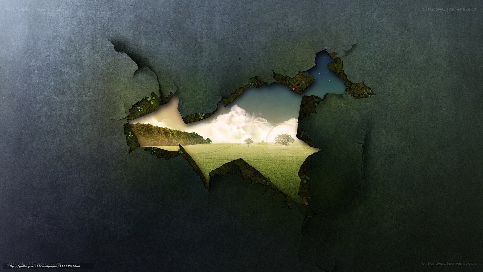 cracked wall revealing landscape