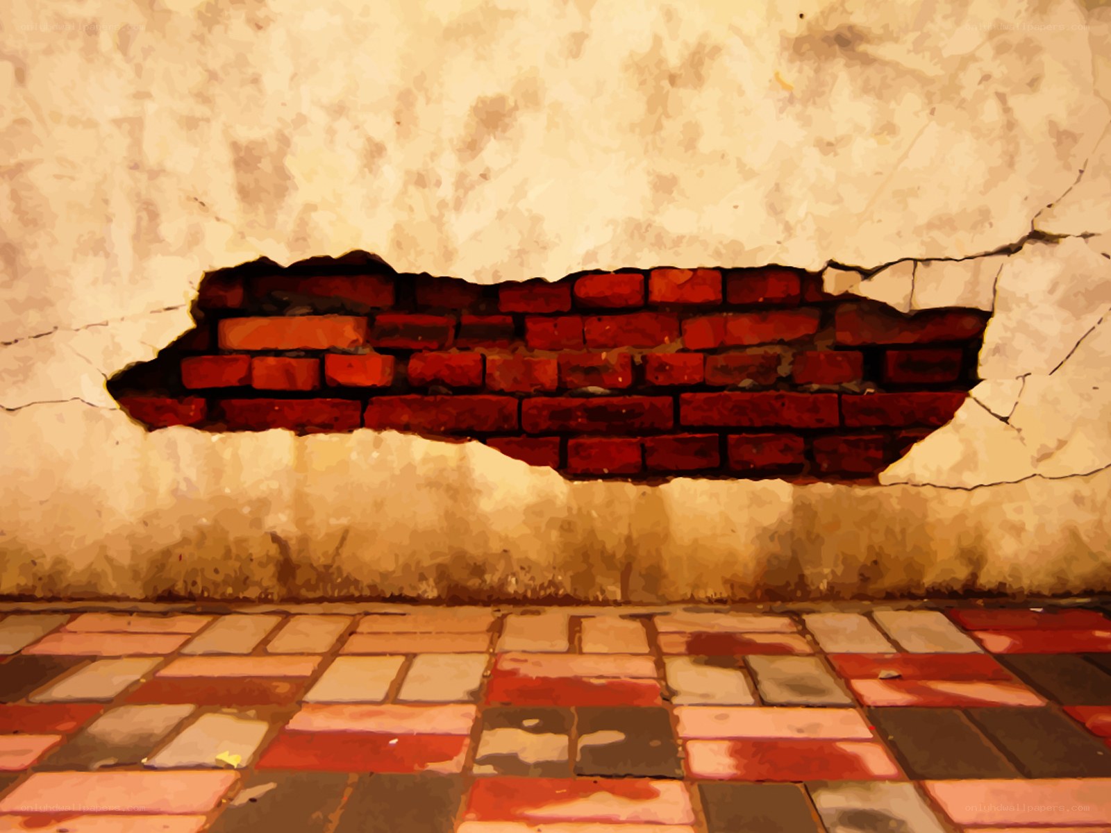 cracked wall with brick exposure