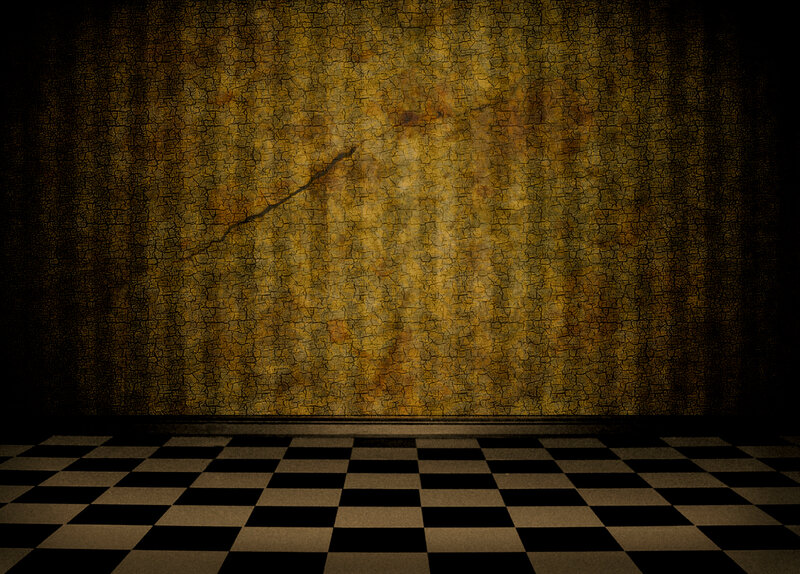 cracked wall with checkered floor