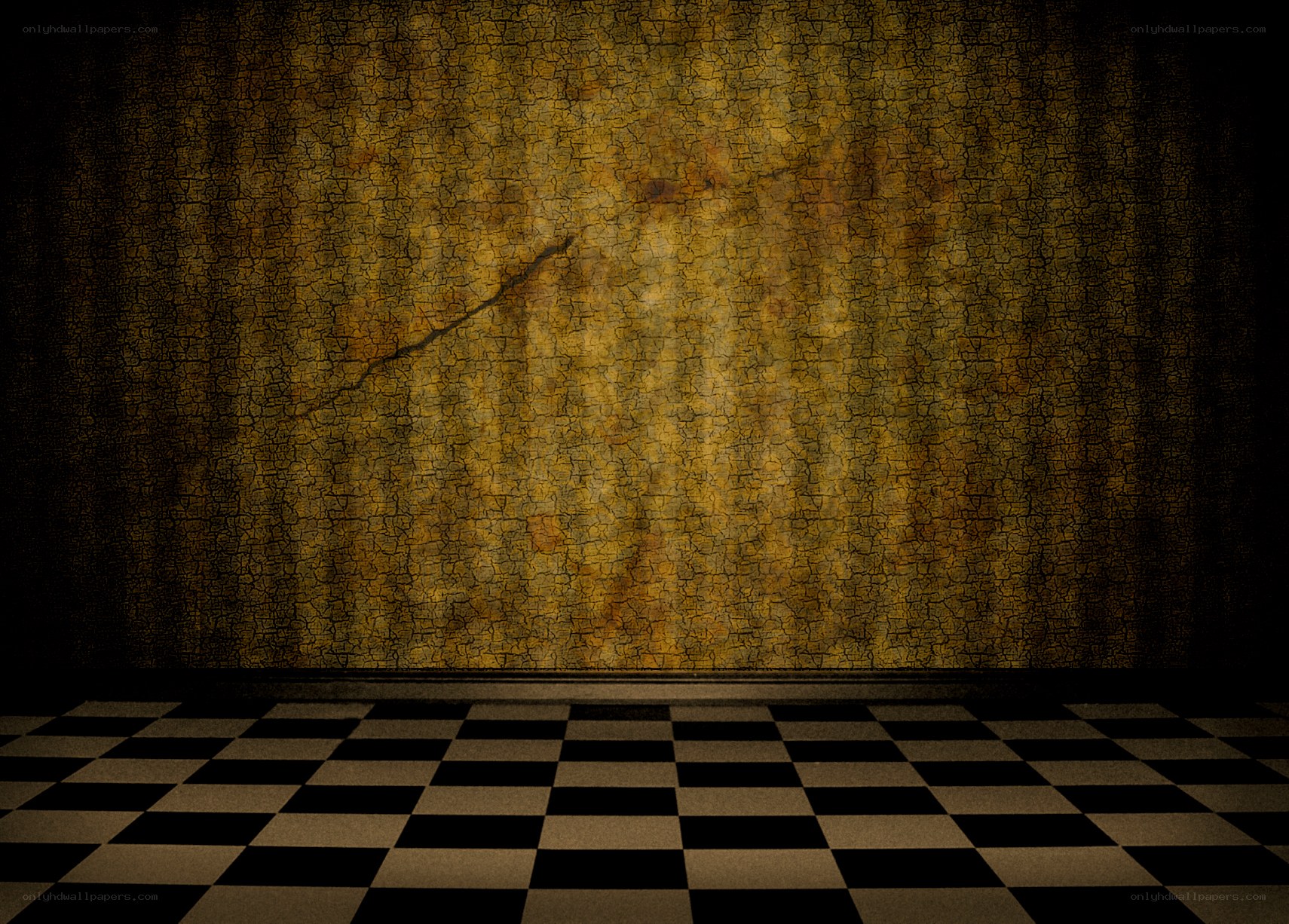 cracked wall with checkered floor