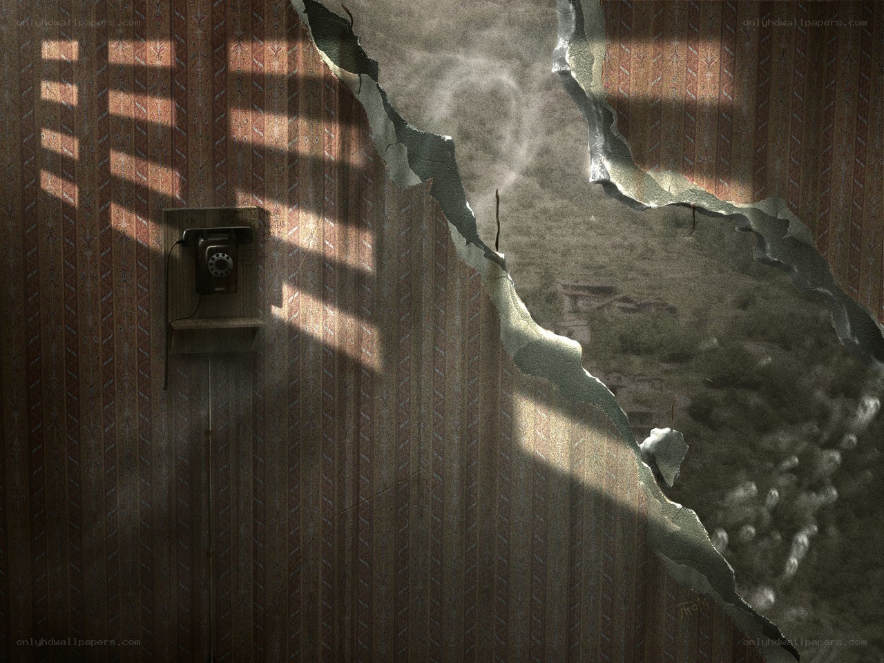 Cracked wall with vintage phone