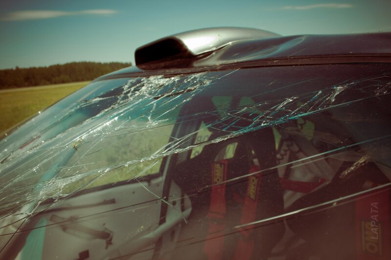 Cracked windshield on a rally car