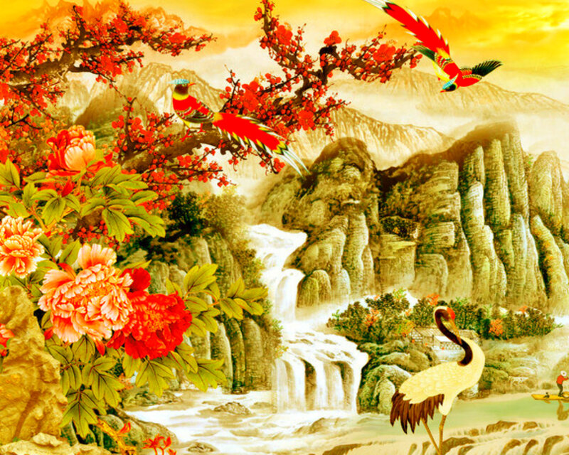 Crane and Birds in Landscape