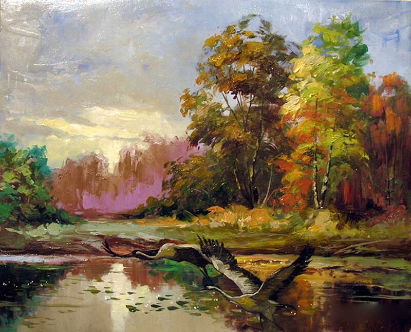 Crane Flying over River