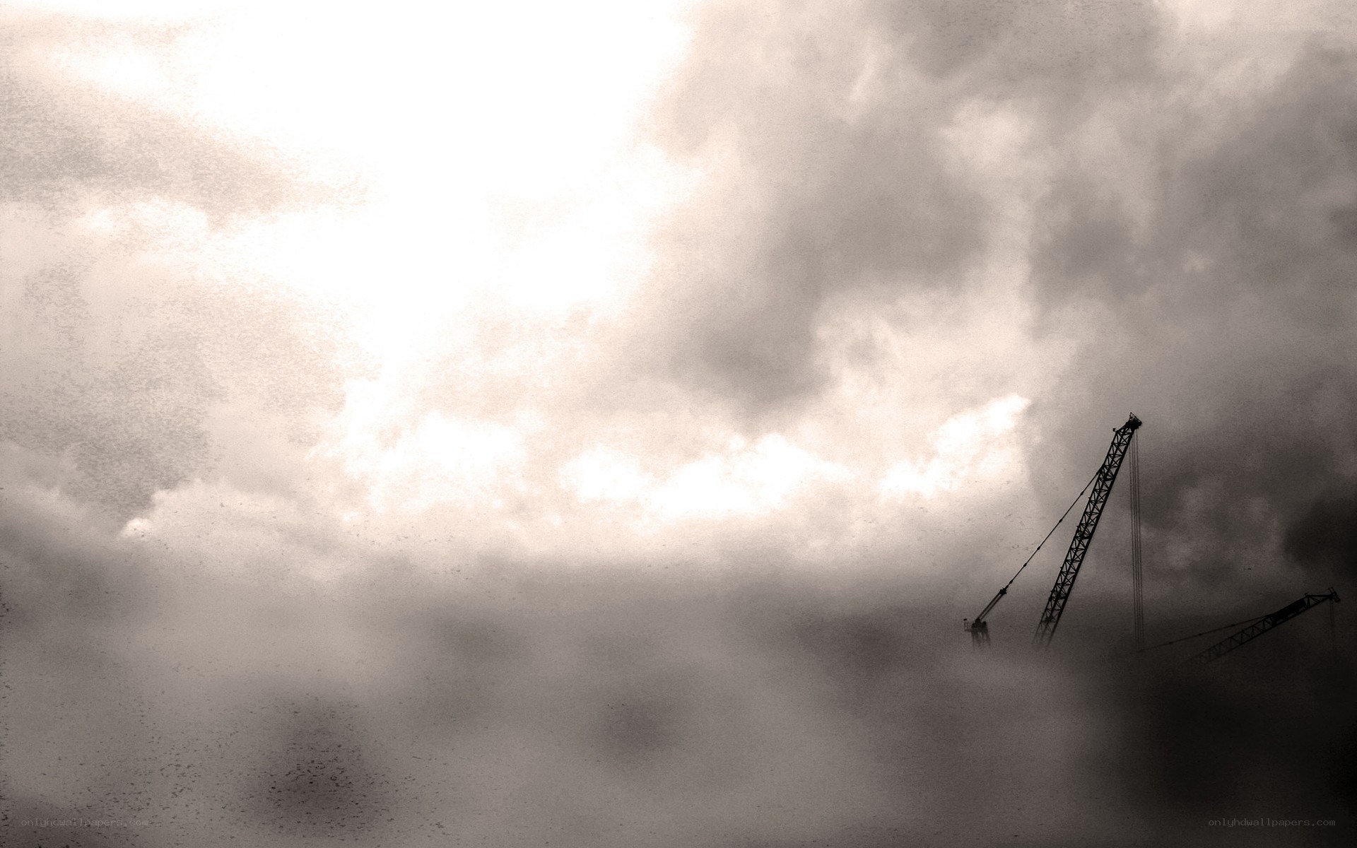 Crane silhouettes in stormy sky