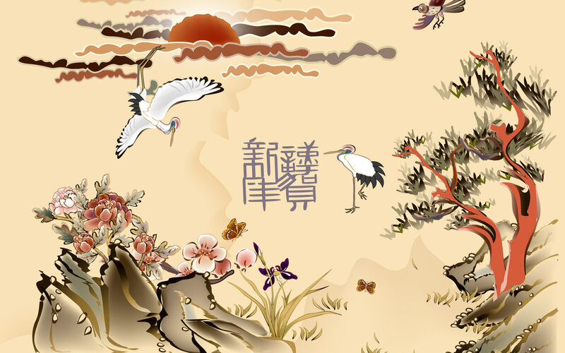 Cranes and Flowers in Landscape