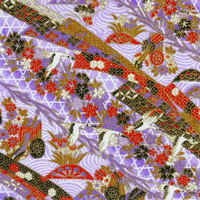 Cranes and Flowers on Fabric