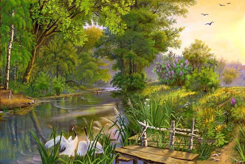 Cranes by a River — Green, Serene, Afternoon