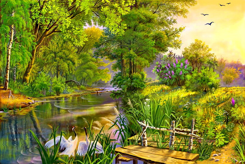 Cranes by a River — Green, Serene
