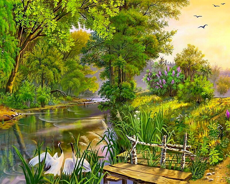 Cranes by a River — Green