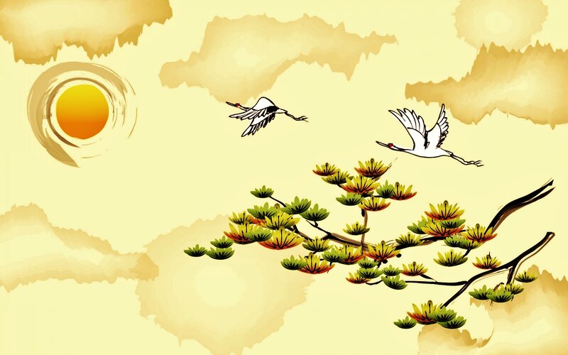 Cranes Flying over Pine