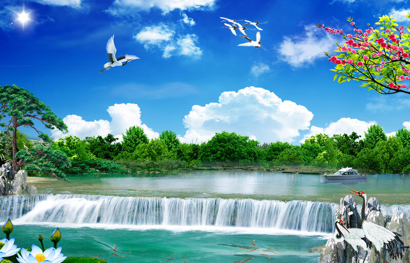 Cranes Flying over Waterfall