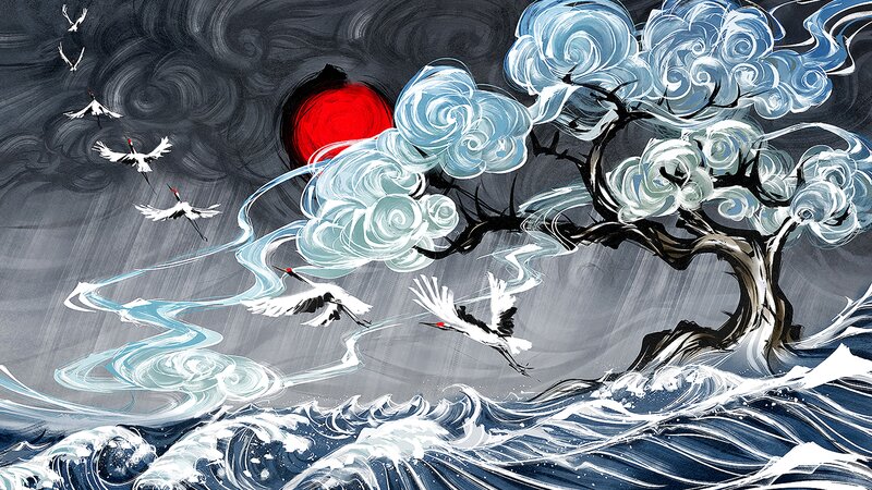 Cranes Flying over Waves