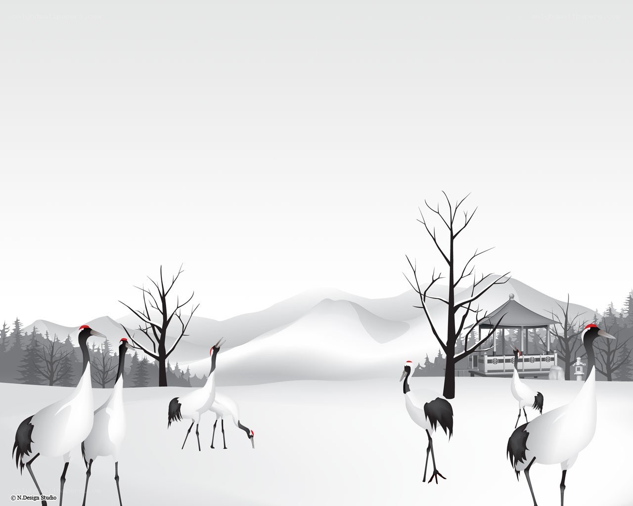Cranes in a snowy landscape
