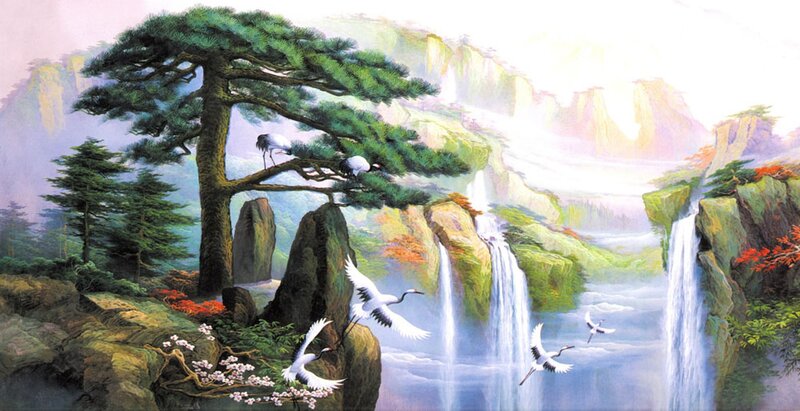 Cranes in Mountain Landscape — Green