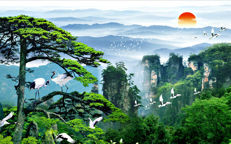Cranes in Mountain Landscape