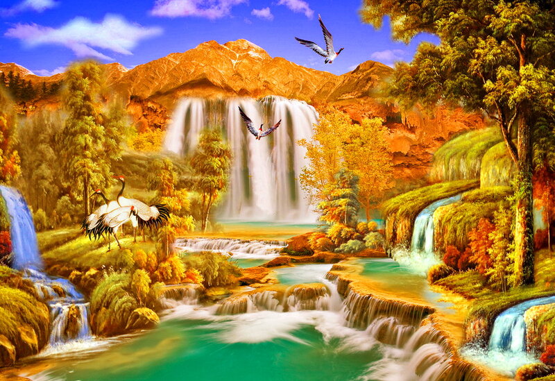 Cranes Near Waterfall