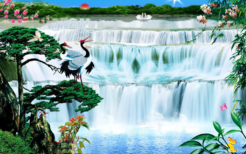 Cranes on Waterfall