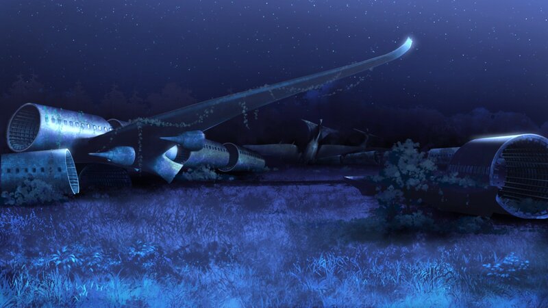Crashed airplane at night