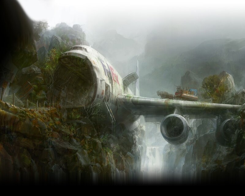 Crashed Airplane in Jungle — Green, Dramatic, Digital Art, Mountain, Forest
