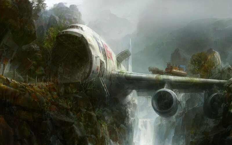 Crashed Airplane in Jungle — Green, Dramatic, Digital Art, Mountain