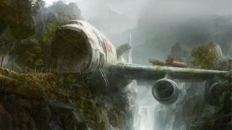 Crashed Airplane in Jungle — Green, Dramatic, Digital Art