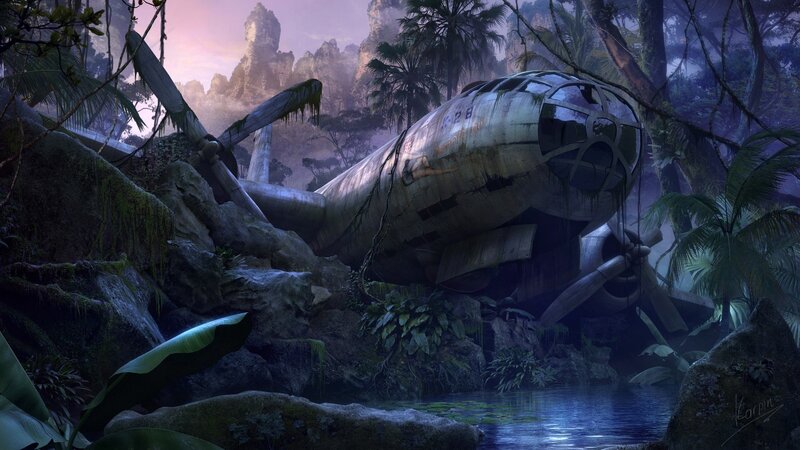 Crashed Airplane in Jungle — Green, Dramatic, Sunset