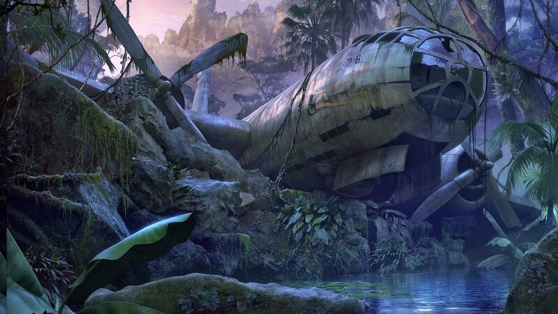Crashed Airplane in Jungle — Green, Mysterious