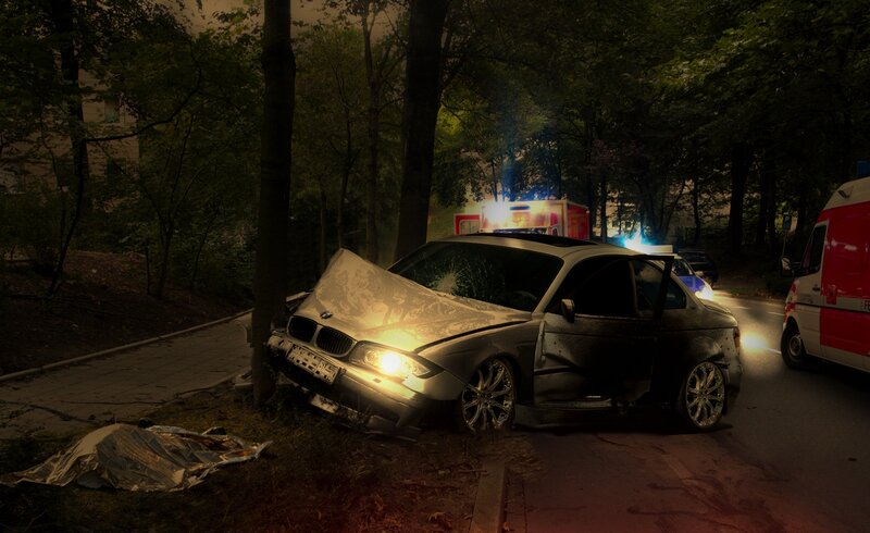 Crashed Car at Night
