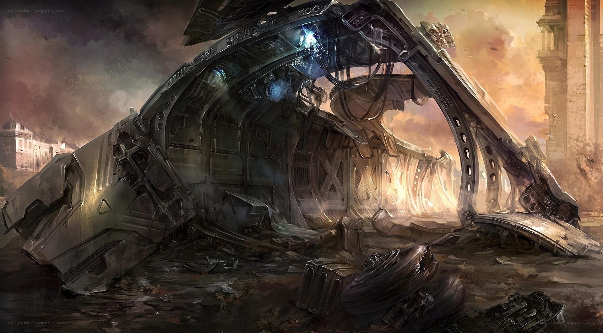 Crashed futuristic spacecraft