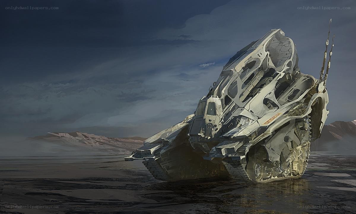 Crashed futuristic tank in desert