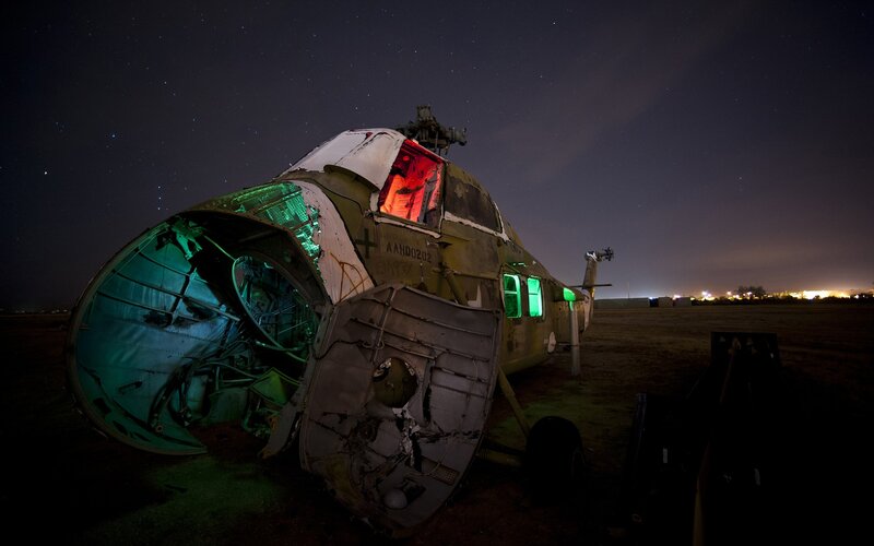 Crashed helicopter at night