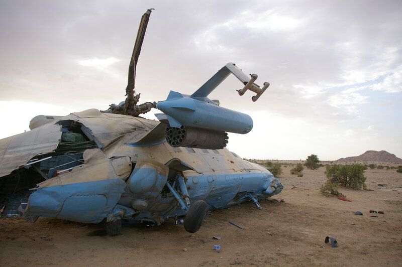 Crashed helicopter in desert