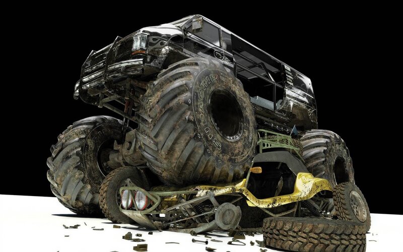 Crashed Monster Truck — Black, Dramatic, 3d Render