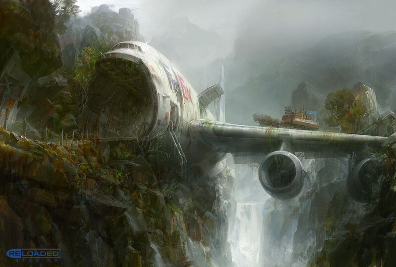 Crashed plane in misty mountains