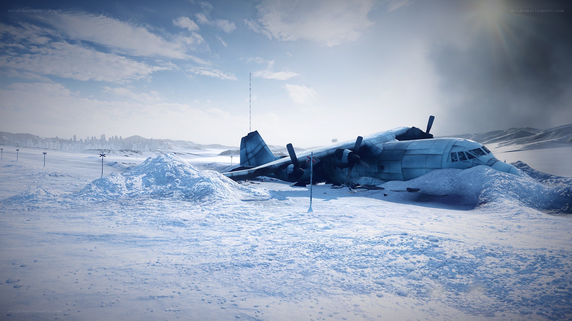 Crashed plane in snowy landscape