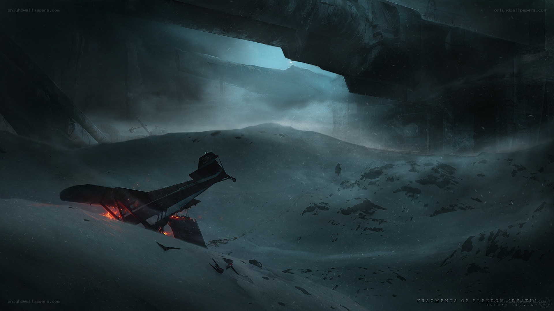 Crashed plane in snowy wasteland